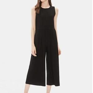 Eileen Fisher Crop Wide Leg Jumpsuit Black Stretch Crepe